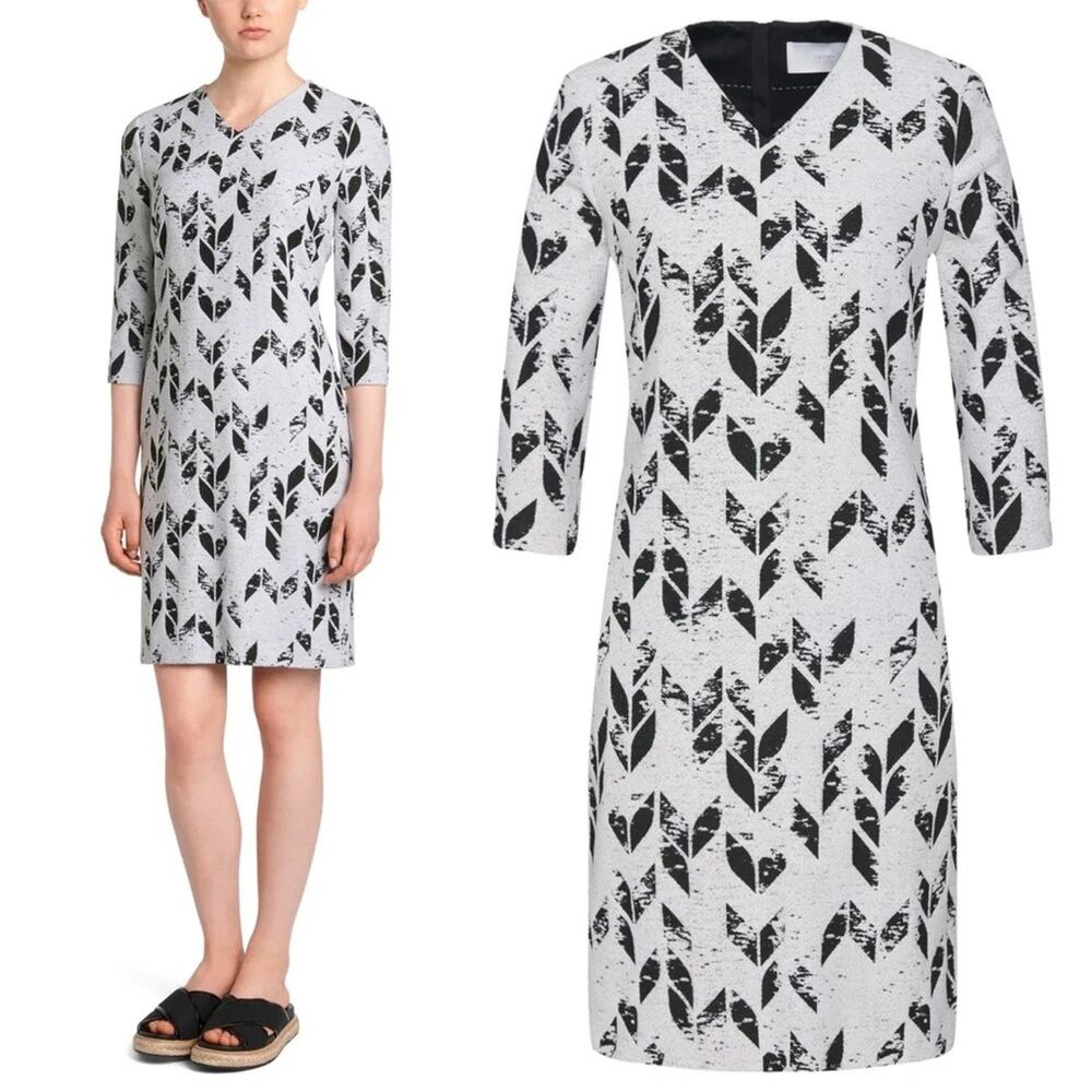 Hugo Boss Disuna Black White Wool Blend Chevron Jacquard V Neck Dress 6 Office